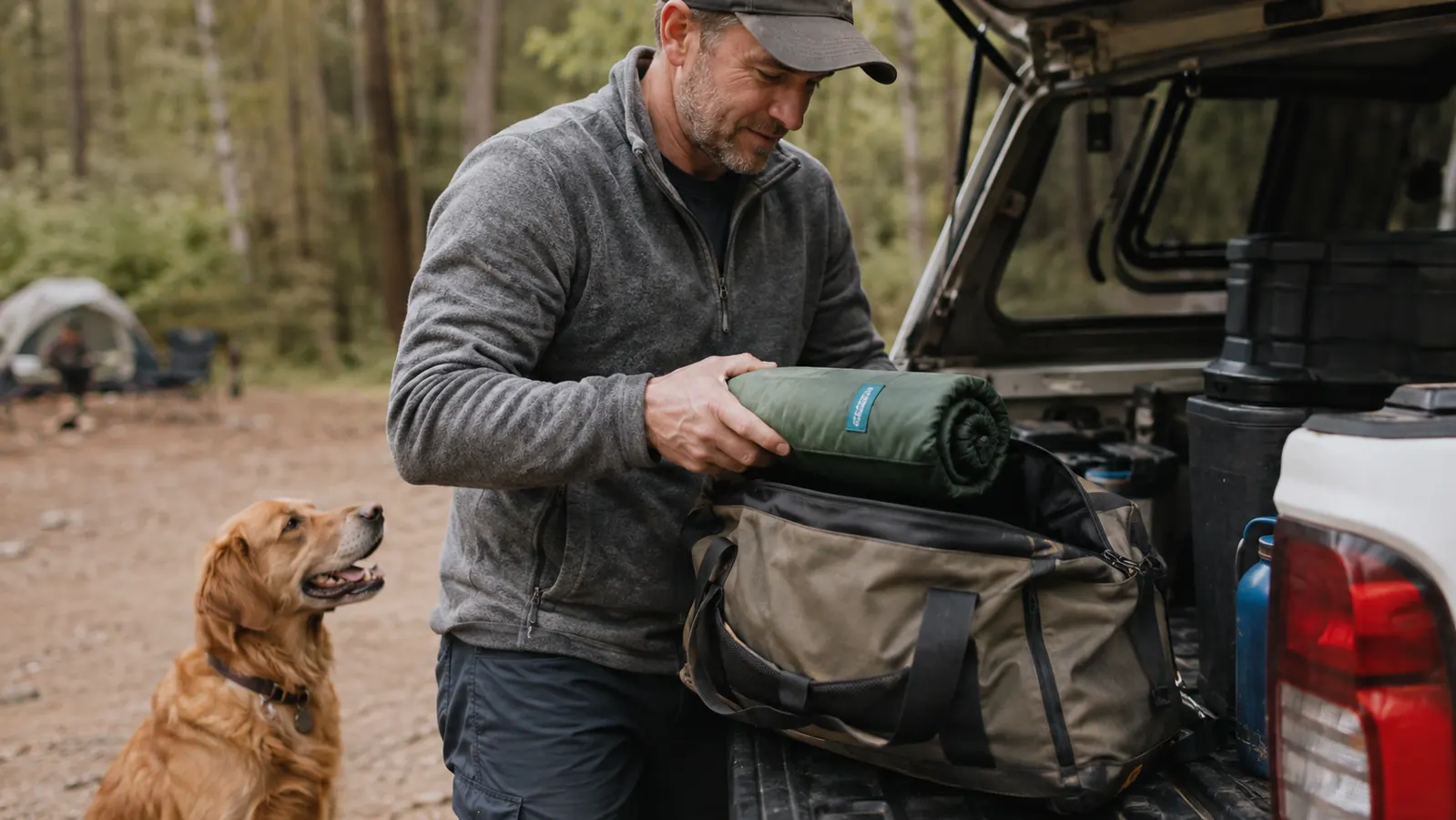 An acupressure mat rolled up and packed into a duffel bag on a truck tailgate at a campsite, with a dog sitting nearby