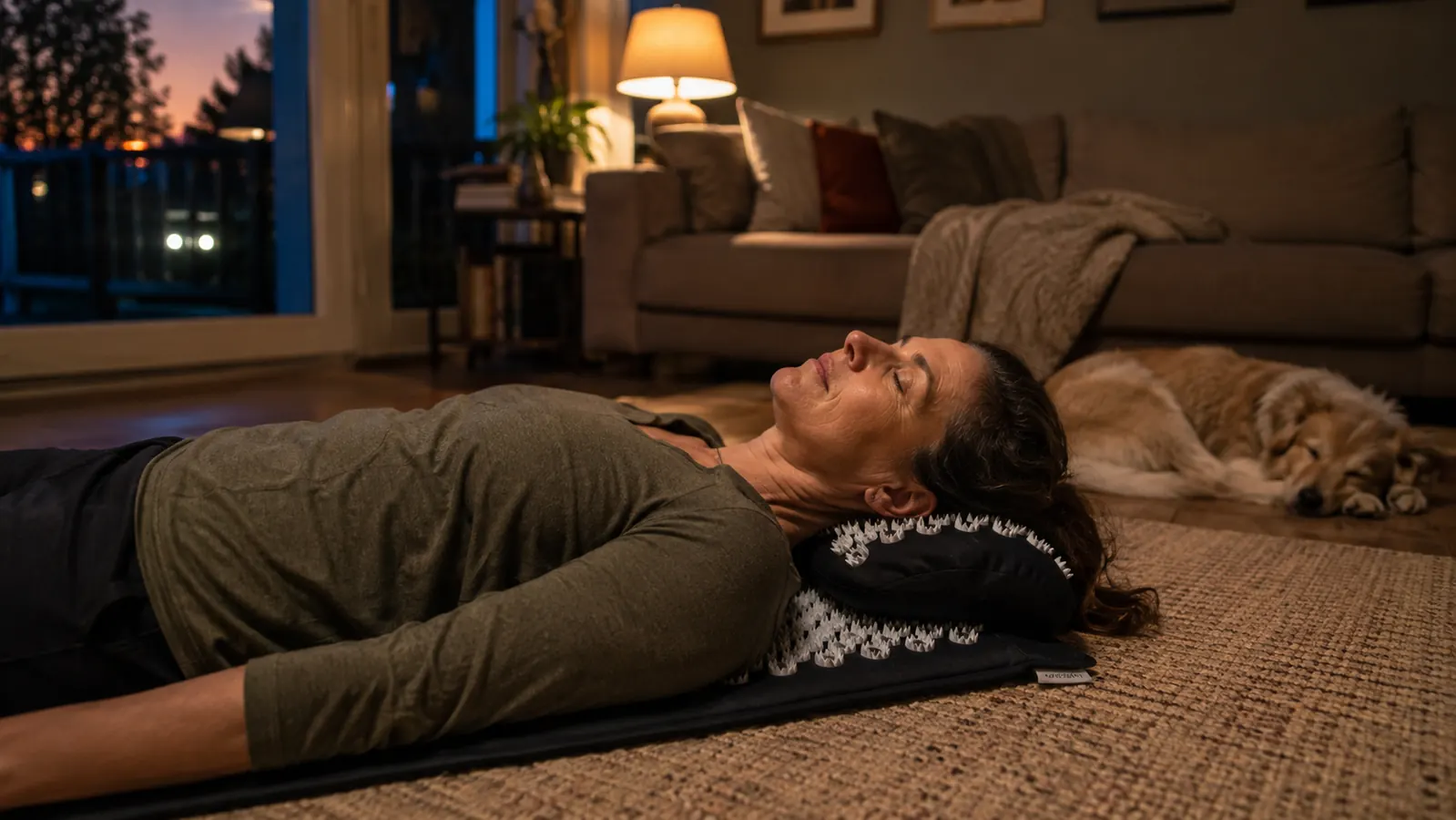 A woman in her fifties lying back on an acupressure mat and pillow set on a living room rug in soft evening light, her dog resting nearby