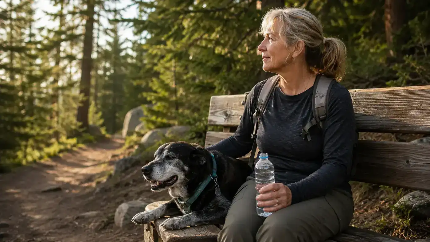 Woman and a gray dog resting on a trail bench in the late afternoon with a water bottle