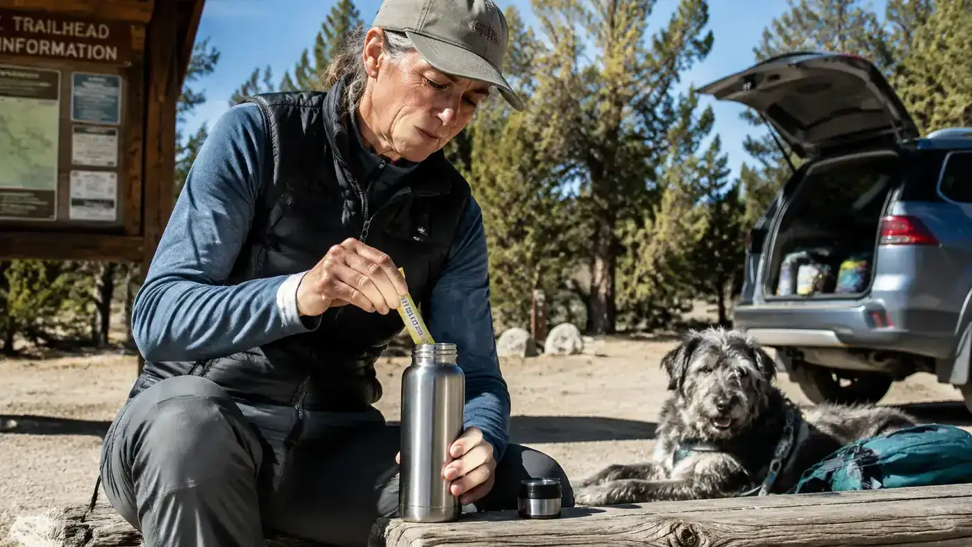 Woman in hiking clothes stirring an electrolyte packet into a water bottle at a sunny trailhead