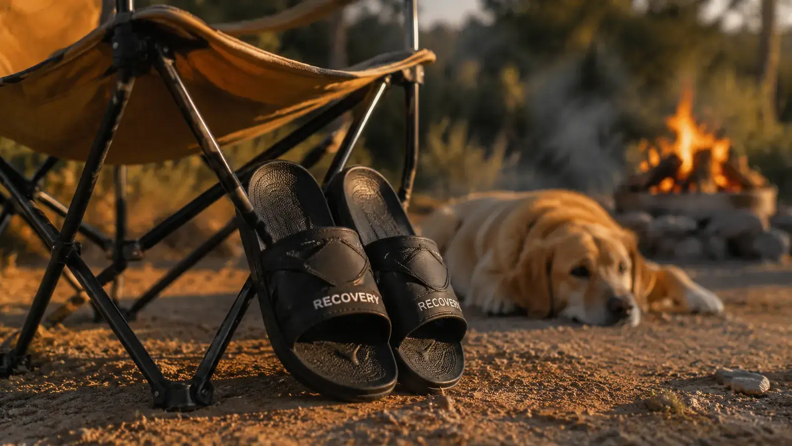 A pair of recovery slides sitting on the ground next to a camping chair at dusk with a campfire glowing nearby