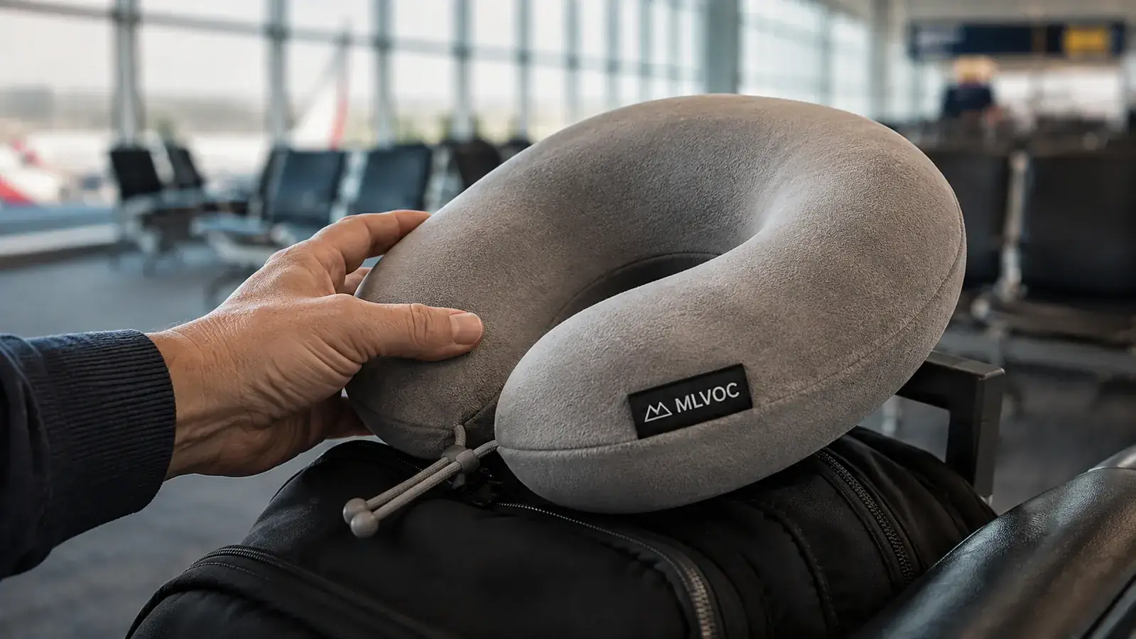 Close-up of a hand adjusting the MLVOC travel neck pillow around the neck before a flight