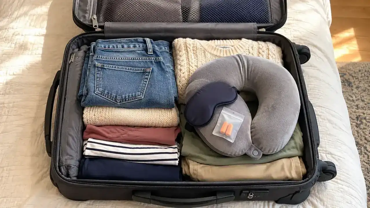 Packed carry-on bag with a compressed travel neck pillow, eye mask, and earplugs pouch tucked on top
