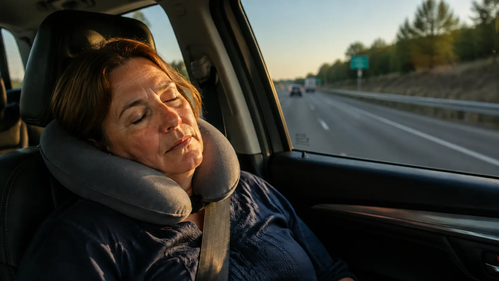 Woman resting her head against a travel neck pillow in the passenger seat of a car during a golden hour road trip