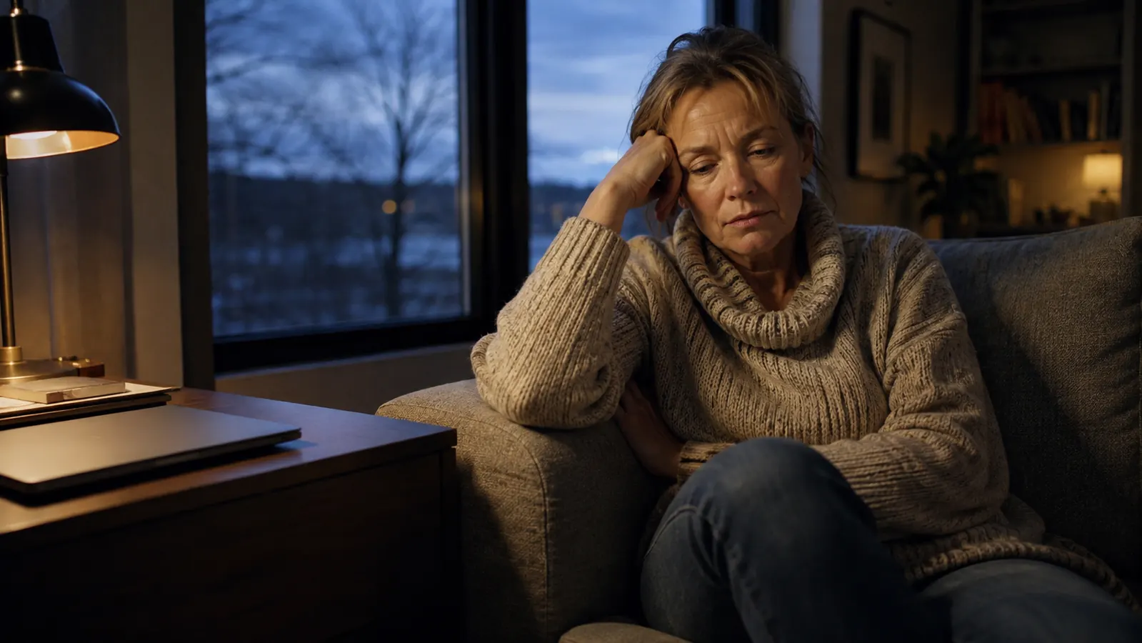 Woman sitting on a couch in winter clothing looking tired, laptop closed beside her, window showing an early dark evening