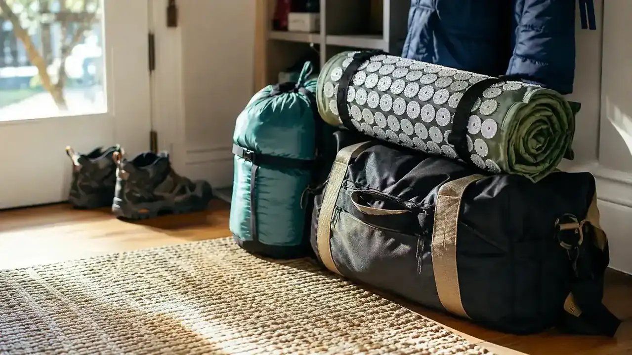 Small acupressure mat rolled up and tucked next to a sleeping bag and duffel bag by a front door