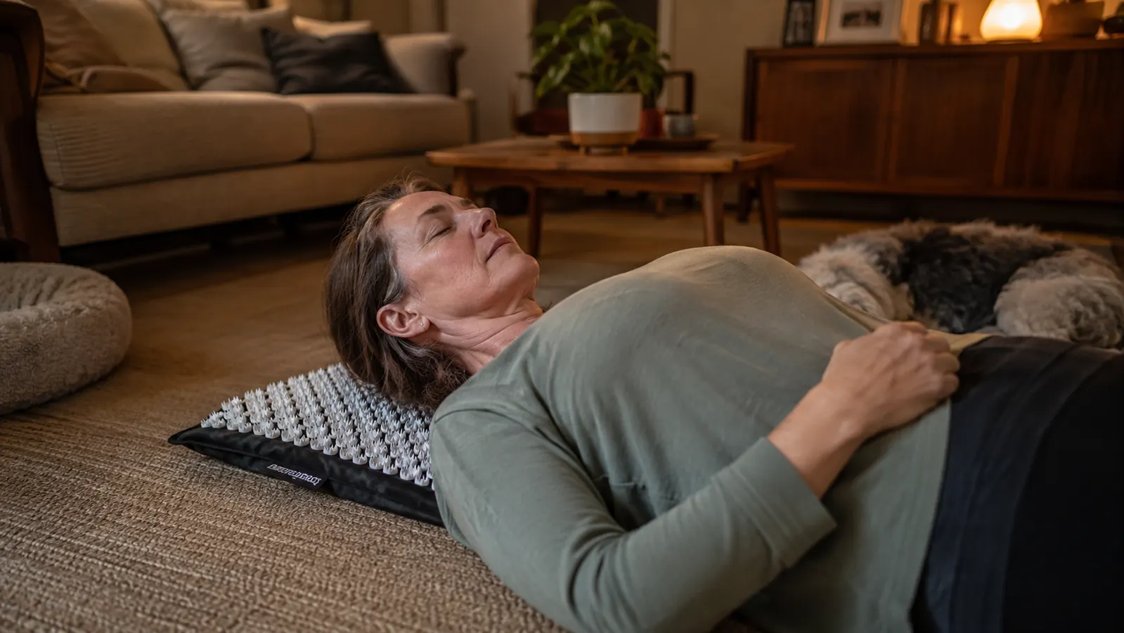Woman in her early 50s lying on an acupressure mat on a living room floor in the evening with a dog resting nearby