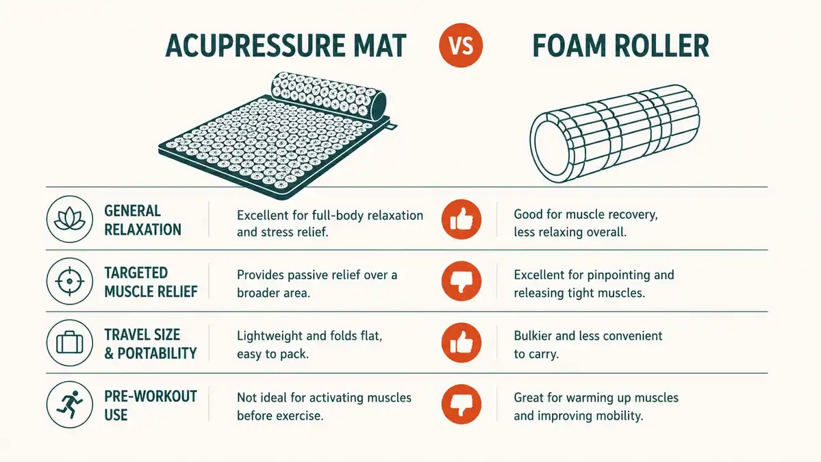 Comparison chart showing acupressure mat versus foam roller across several use cases