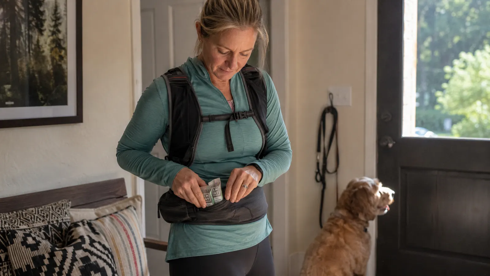 Woman loading a small stack of electrolyte packets into a hip belt pocket before heading out with her dog