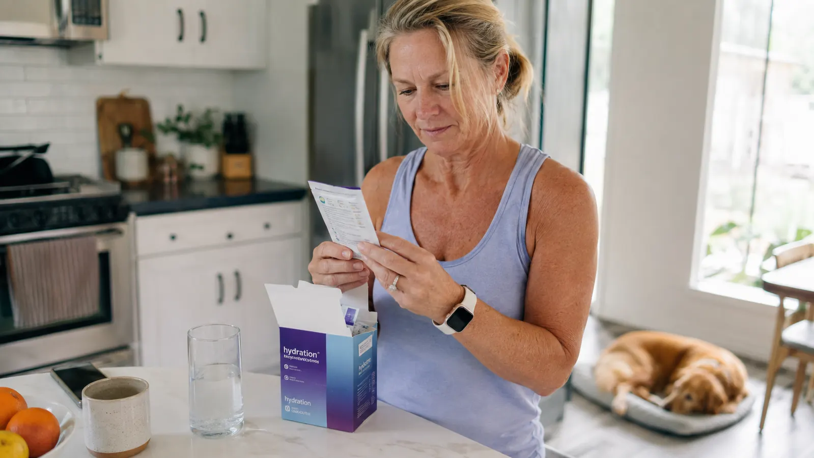 Woman in her early 50s at a kitchen counter opening a box of HydroMATE electrolyte packets, dog resting nearby
