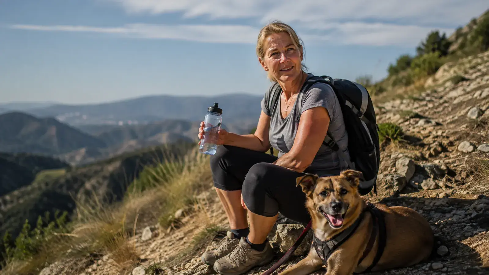 Woman in her early 50s taking a water break on a mountain trail with her dog, holding a water bottle mixed with an electrolyte packet