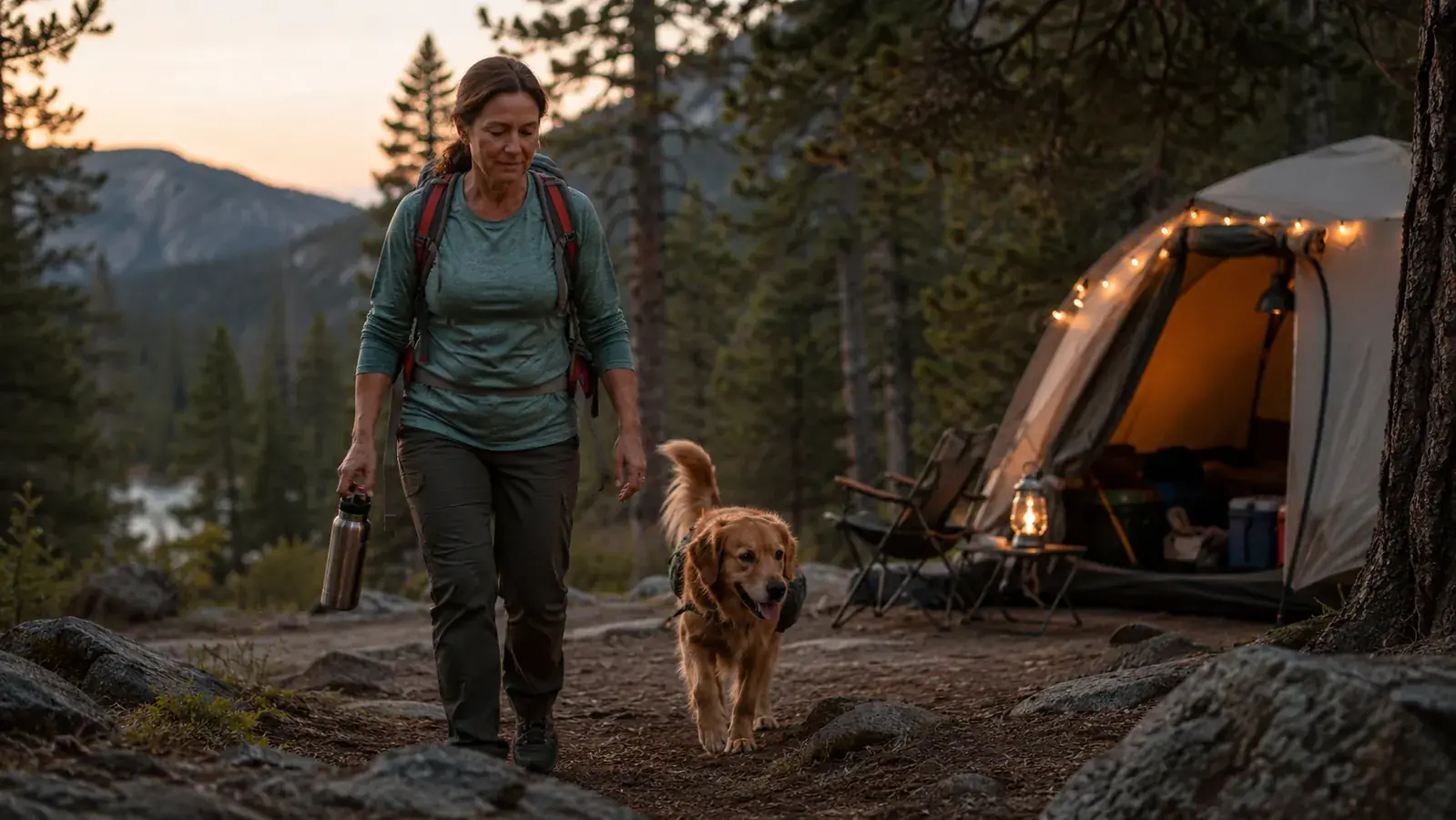 Woman and small dog walking back into a campsite at dusk, headlamp on, tent glowing softly in the background