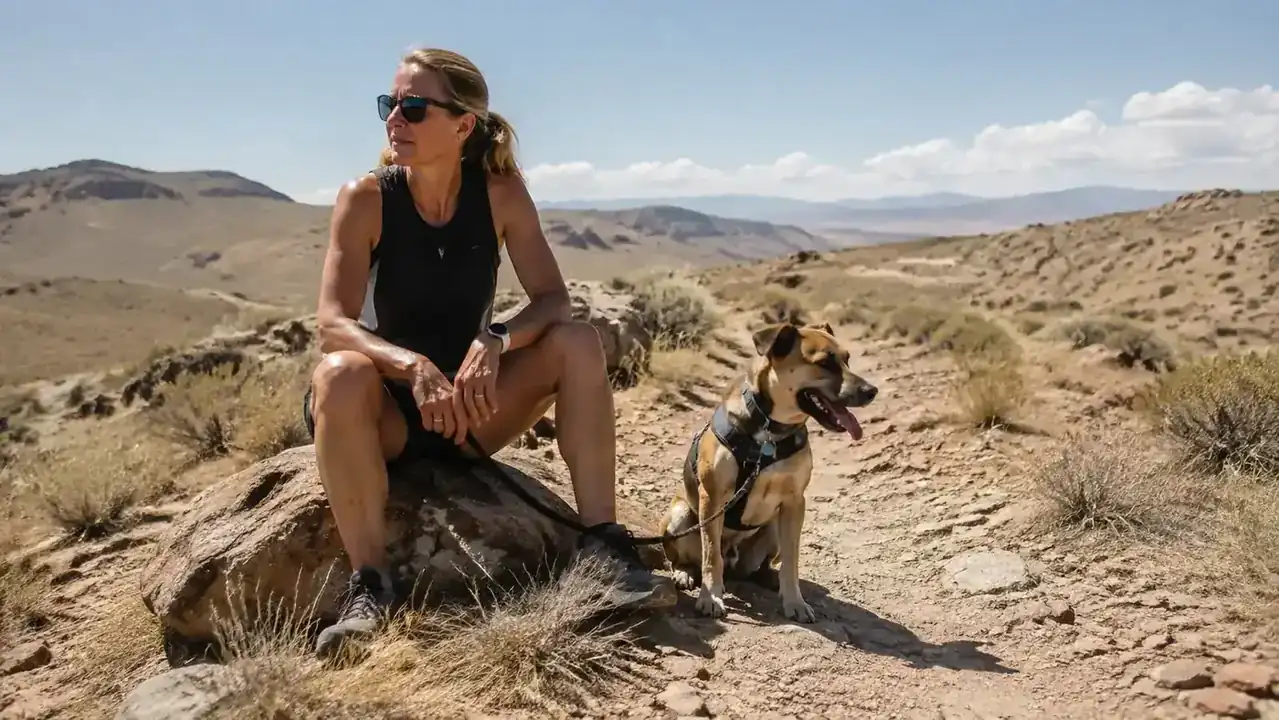 Woman resting on a sunbaked rocky ridge with a small dog panting beside her, wide open high desert view behind them