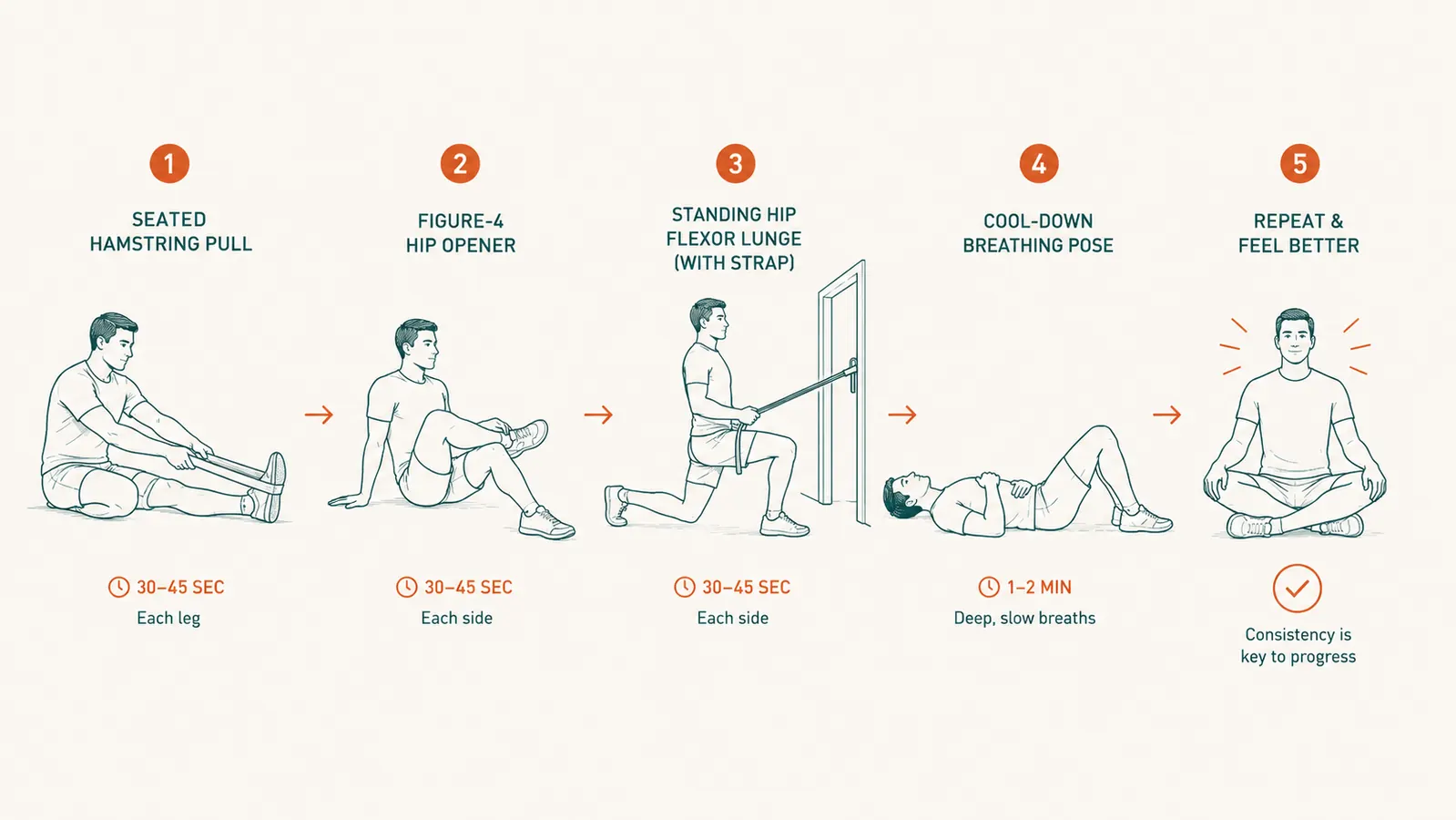 Simple diagram showing five sequential hip-opening stretch positions using a strap