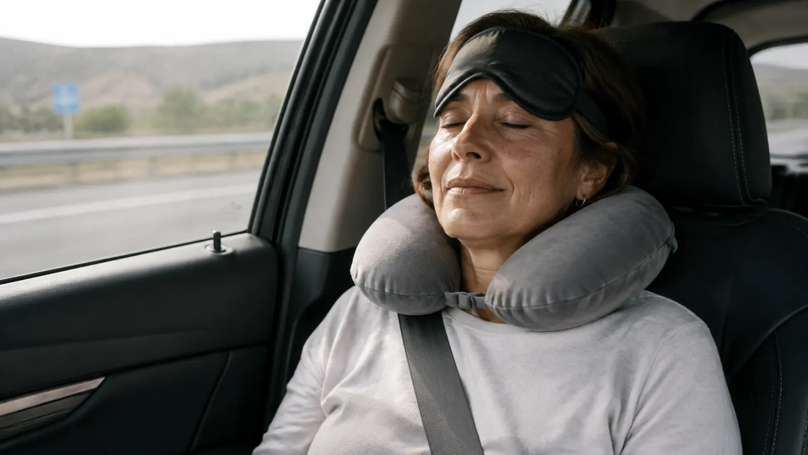 Woman in her early fifties resting comfortably in the reclined passenger seat of a car with a neck pillow, eye mask pushed up on her forehead, soft daylight through the window