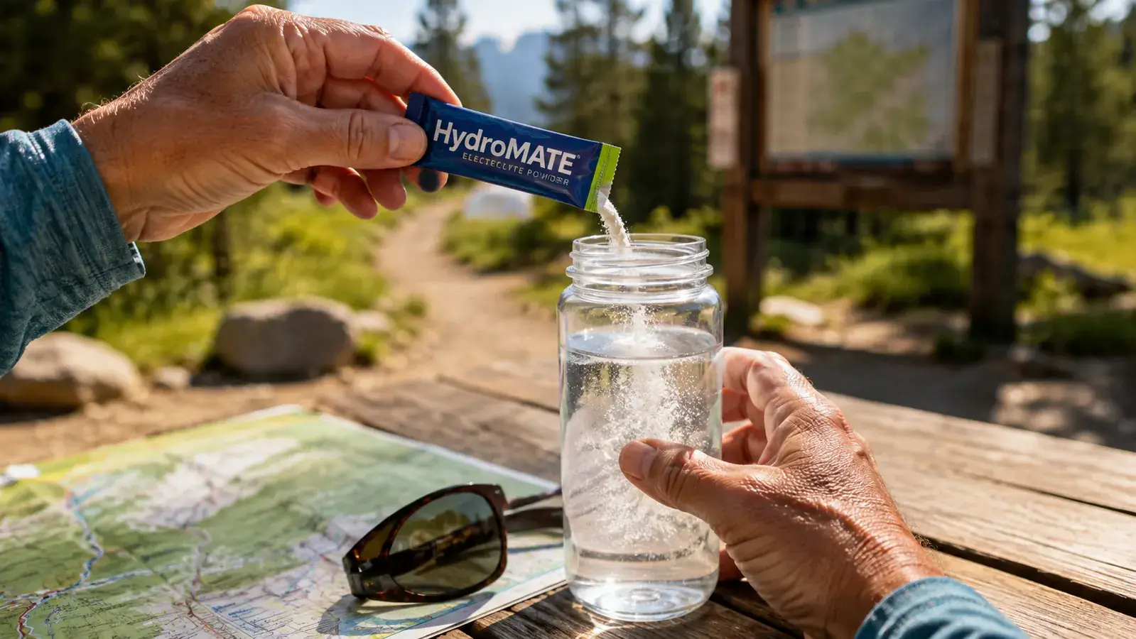 Hand tearing open a HydroMATE electrolyte packet and pouring it into a water bottle on a wooden picnic table at a trailhead