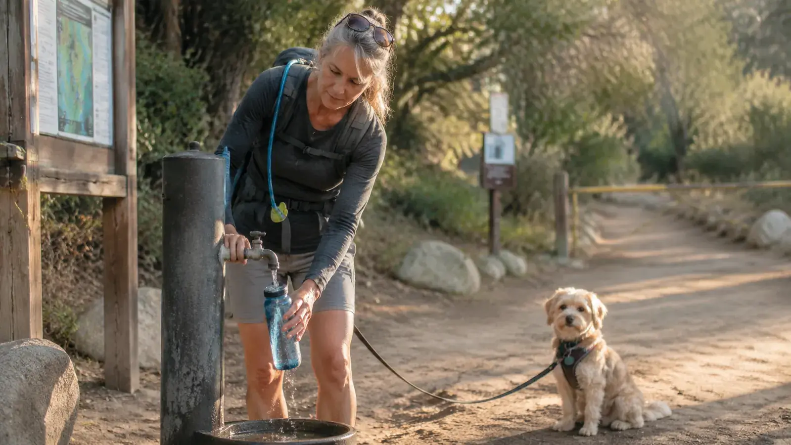 Woman in her early fifties standing at a trailhead sign in early morning light, filling a water bottle with a dog waiting beside her