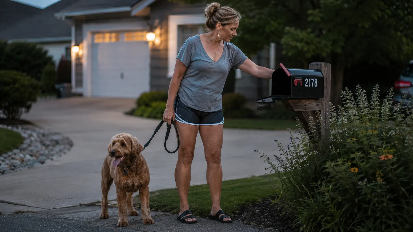 Woman in her early fifties standing on a paved driveway near a mailbox at dusk, wearing black OOFOS recovery slides, dog waiting nearby on a leash