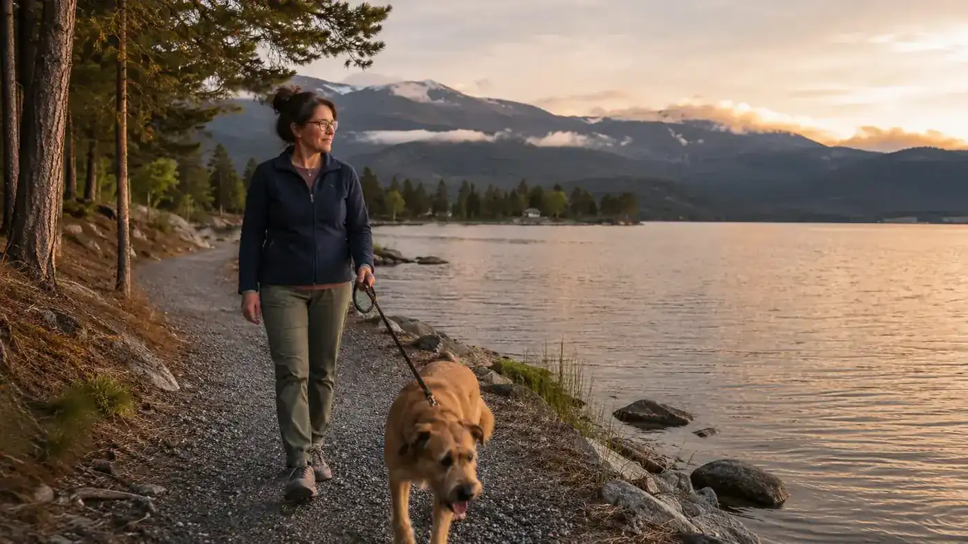 Woman and her dog walking on a gravel path near a lake in the early evening, both looking relaxed after a day outdoors