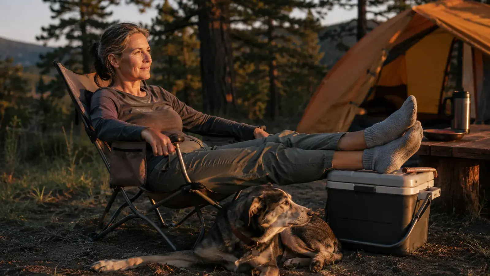 Woman in her early fifties sitting on a camp chair outside a tent at golden hour, wearing gray OOFOS recovery slides with her feet propped on a cooler, a dog resting nearby