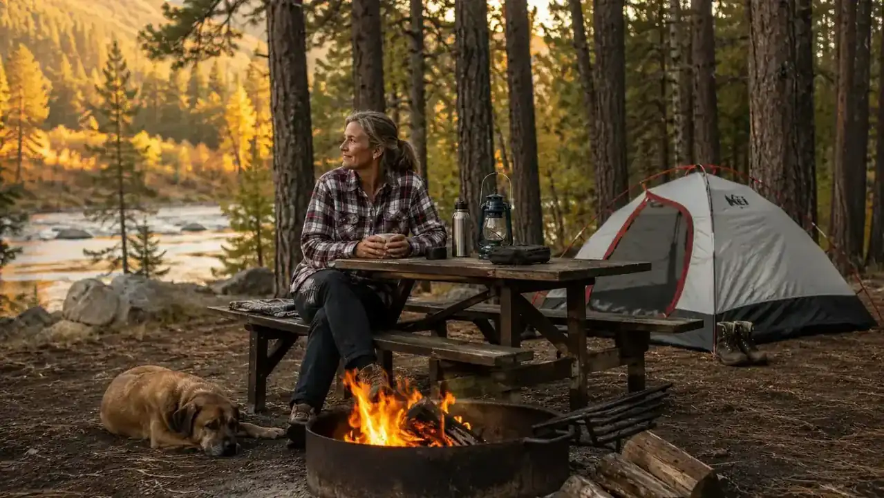 Woman sitting at a campsite picnic table in a pine forest at dusk, heeler mix dog resting near a small campfire