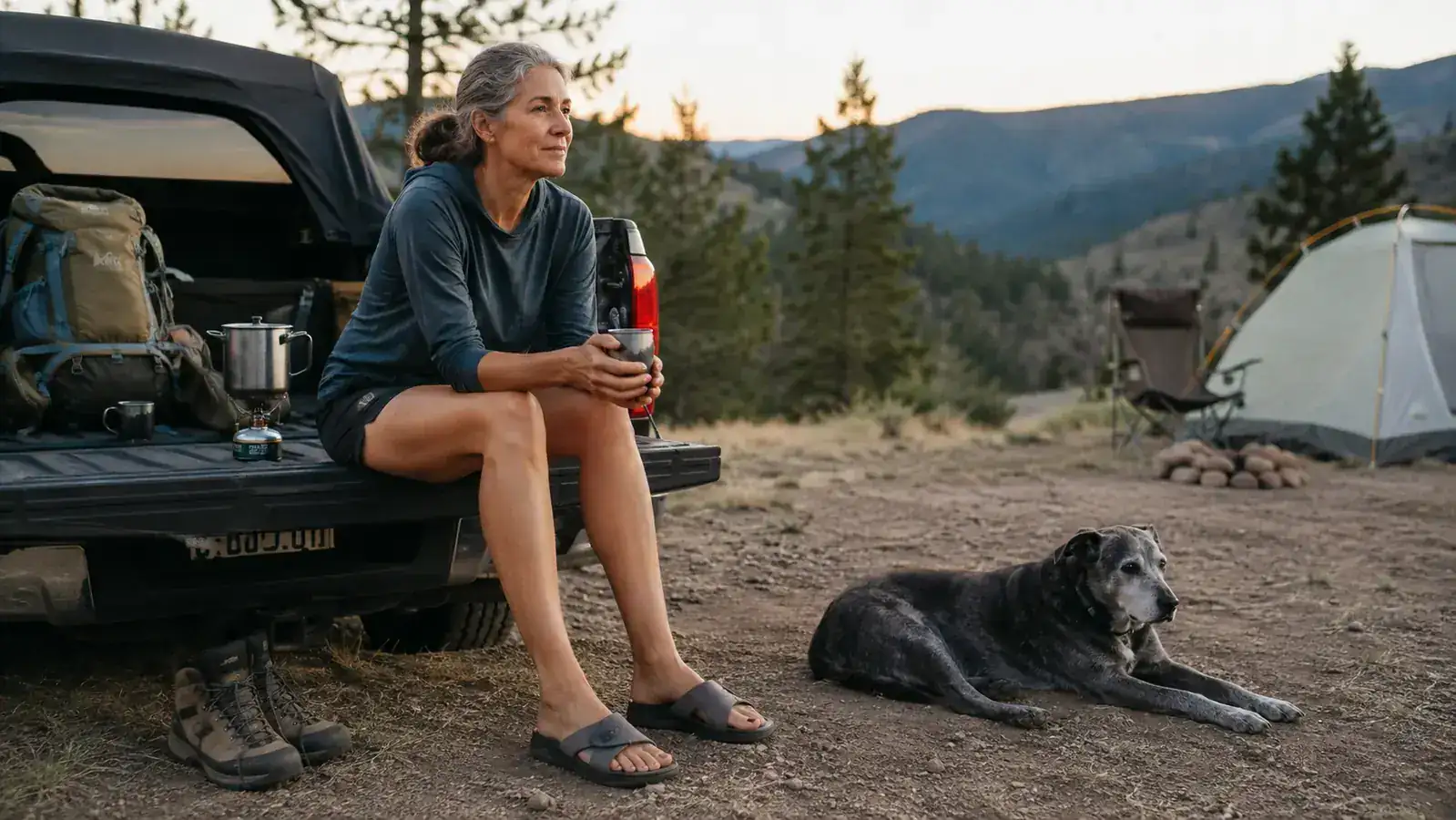 Woman in her early fifties sitting on a truck tailgate at a campsite, wearing OOFOS recovery slides with hiking boots set aside, gray dog resting nearby