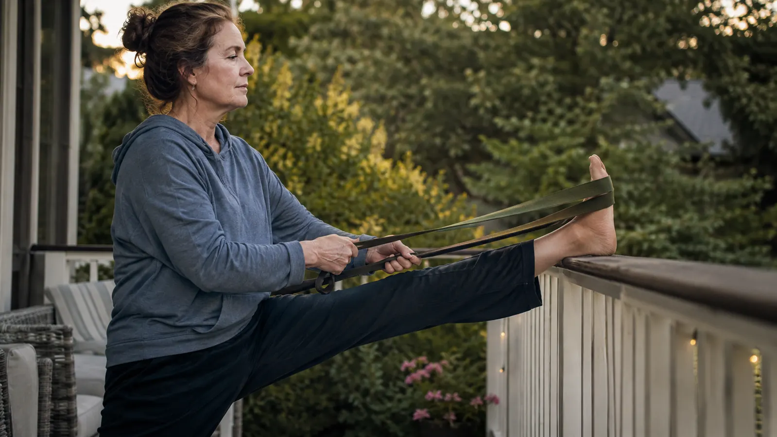 Woman in her 50s stretching her calf against a porch railing using a nylon strap in early evening light