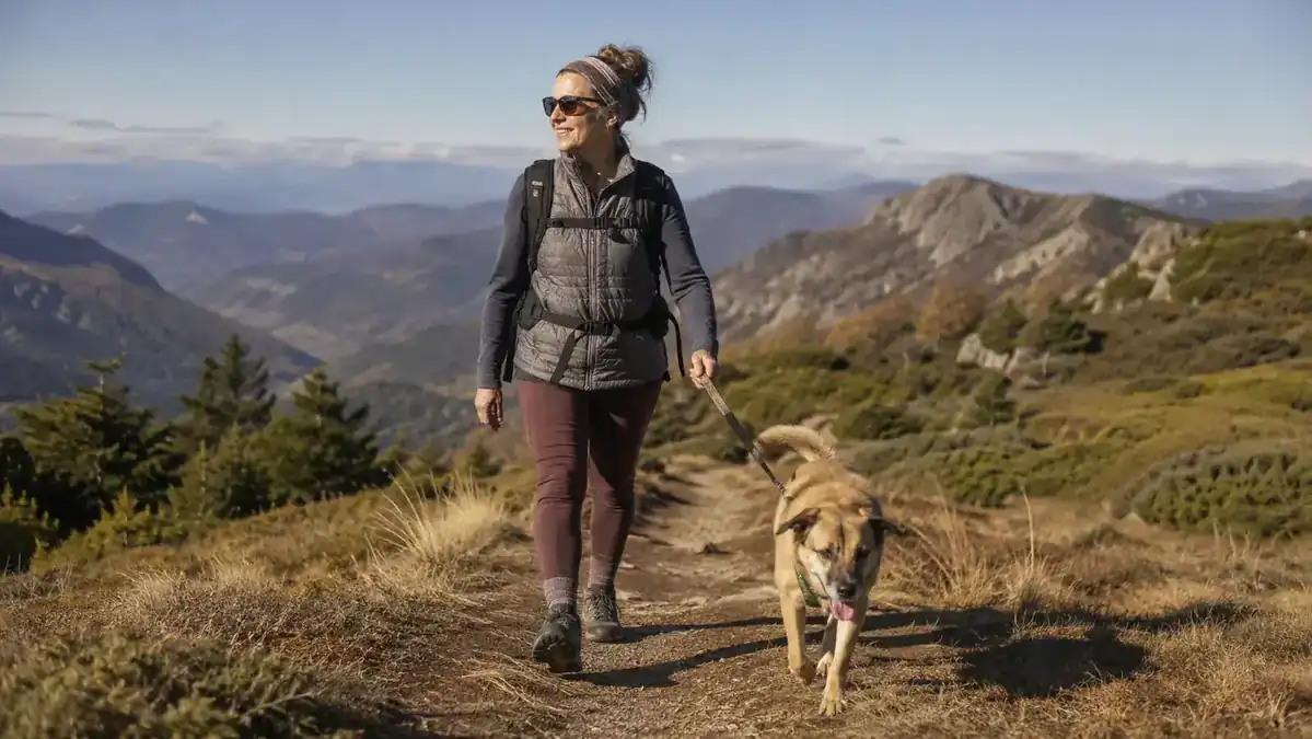 Woman hiking a ridge trail with her dog on leash after a morning stretch routine