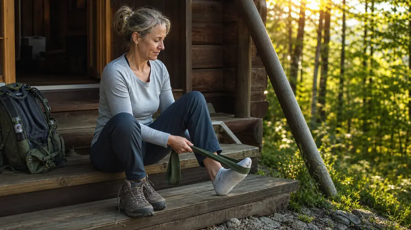 Woman in her early 50s stretching her hamstring with a nylon stretch strap on a cabin porch step at sunrise