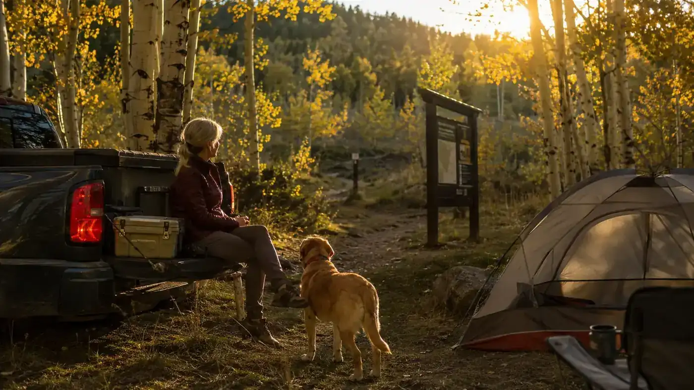 Woman sitting on a truck tailgate at a campsite in an aspen grove at sunrise, heeler mix dog waiting beside her