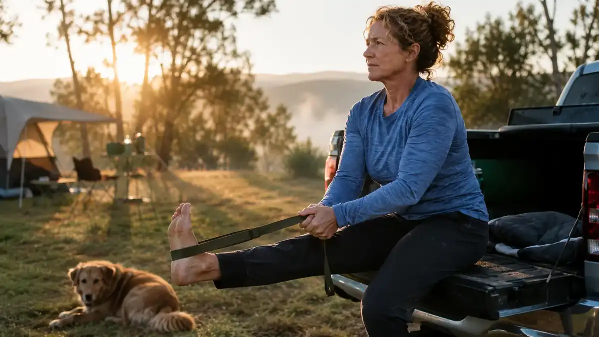 Woman stretching her hamstring with a strap on a truck tailgate at a campsite in early morning light, dog resting nearby