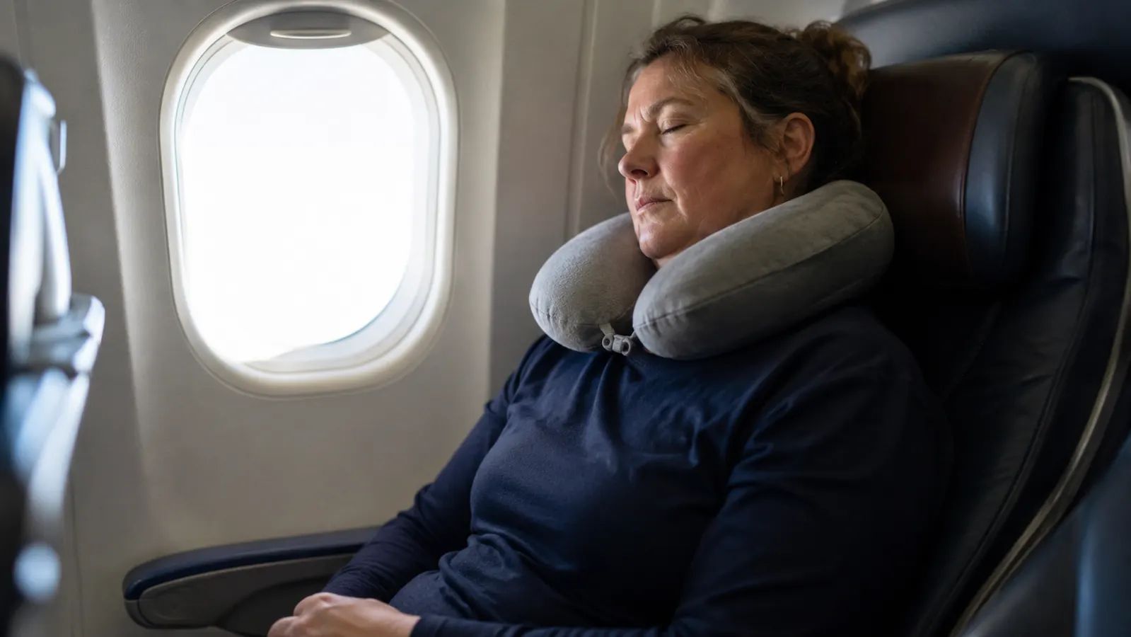 Woman in her early 50s asleep against an airplane window wearing a gray memory foam travel neck pillow